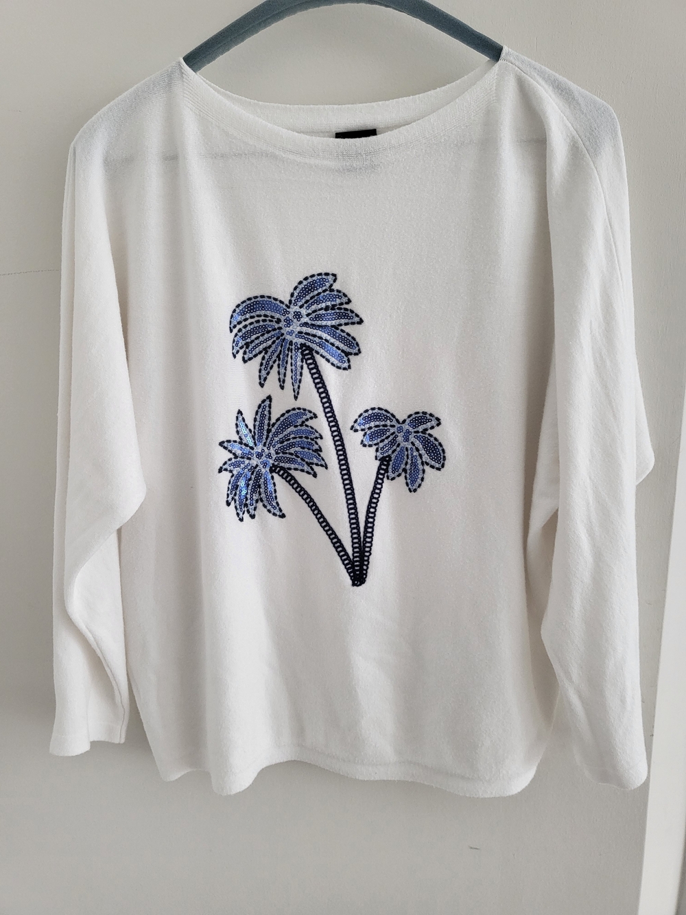 White Sequin Palm Motif Scoop-Neck Sweater